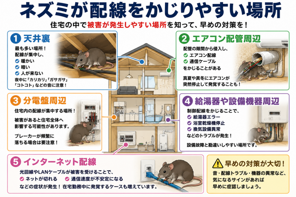 ネズミが配線をかじりやすい場所