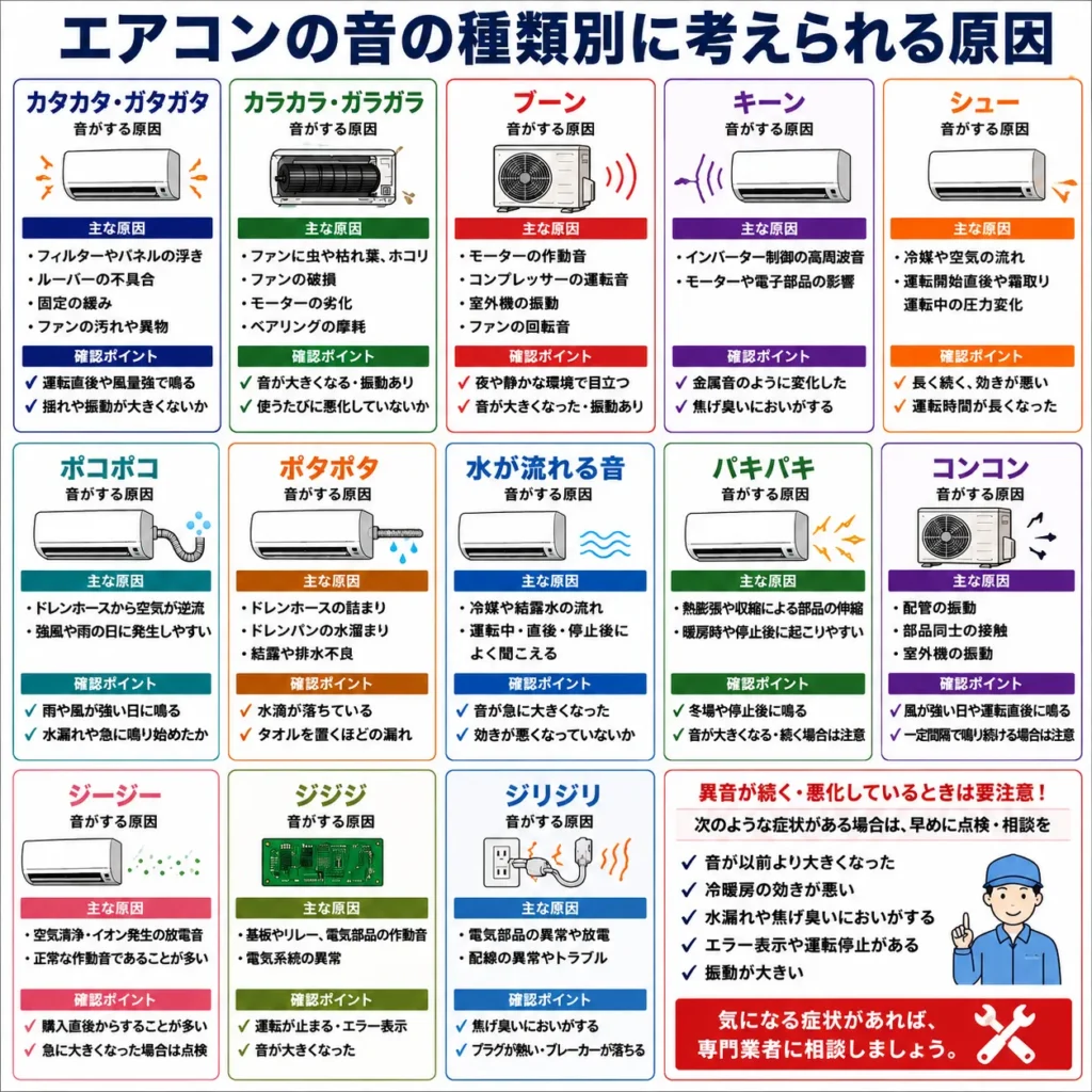エアコンの音の種類別に考えられる原因