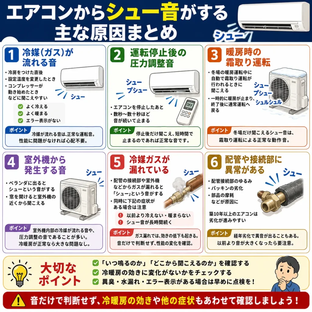 エアコンからシュー音がする主な原因まとめ
