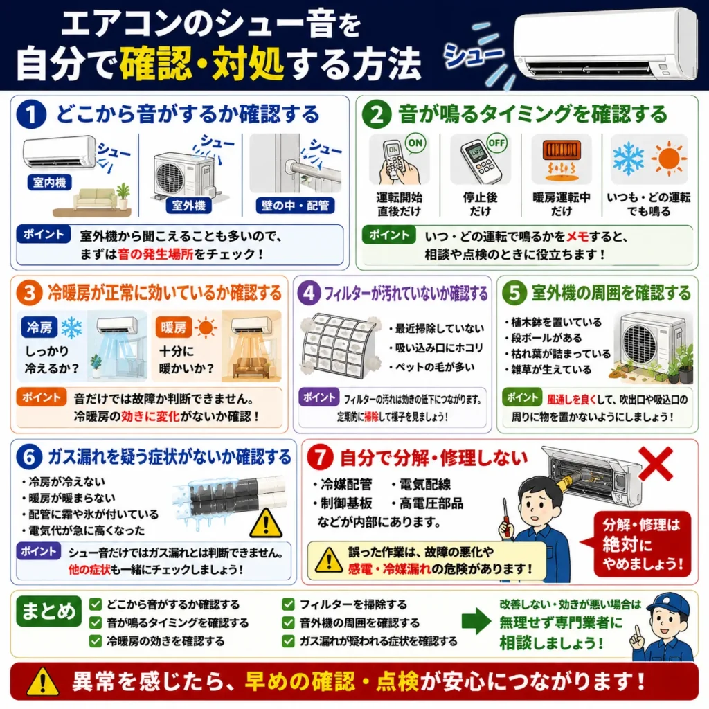 エアコンのシュー音を自分で確認・対処する方法