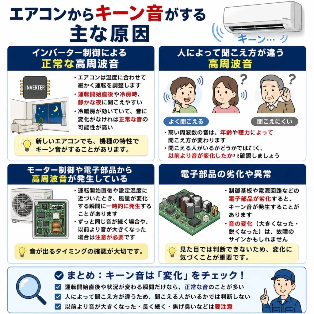 エアコンからキーン音がする主な原因