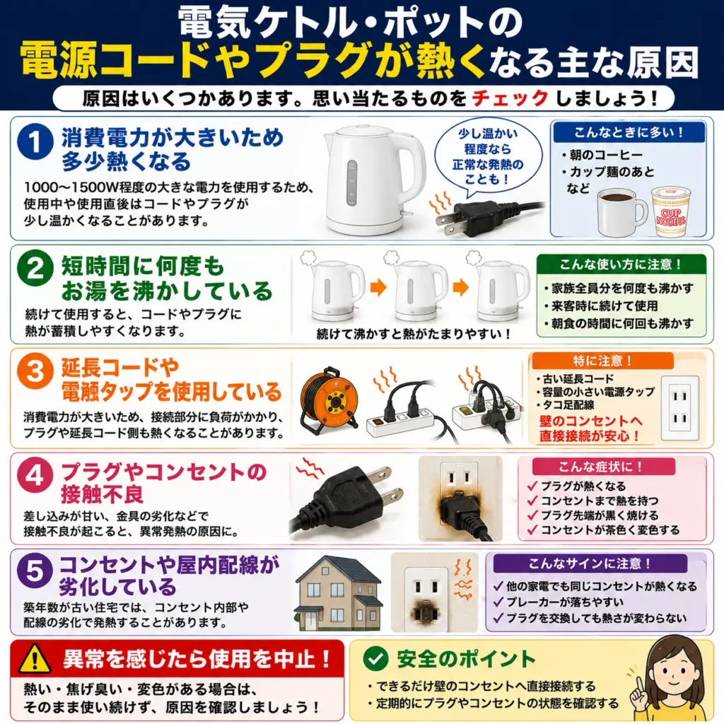 電源ケトルやポットの電源コードやプラグが熱くなる主な原因