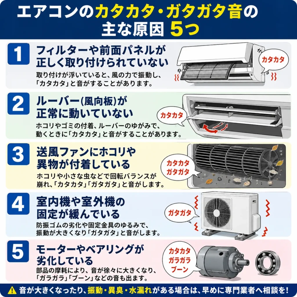 エアコンのカタカタ・ガタガタ音の主な原因5つ