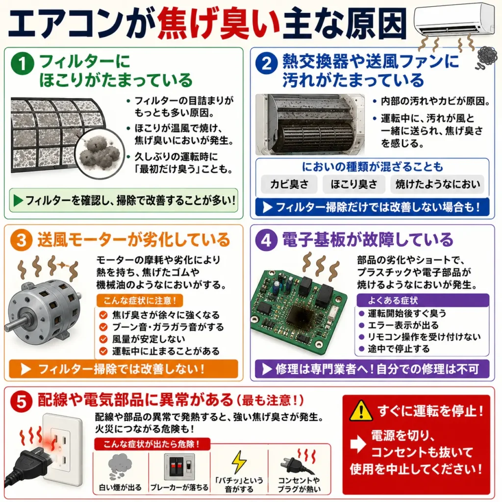 エアコンが焦げ臭い主な原因