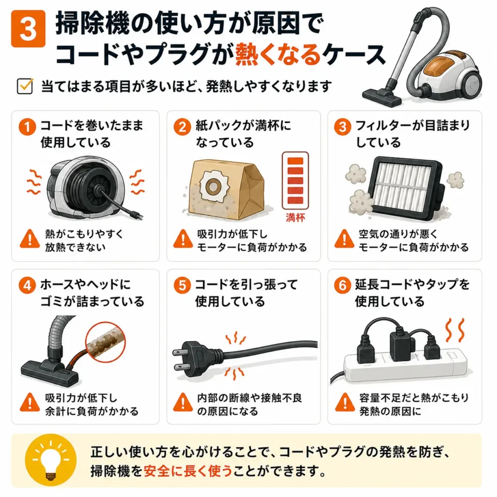 掃除機の使い方が原因でコードやプラグが熱くなるケース