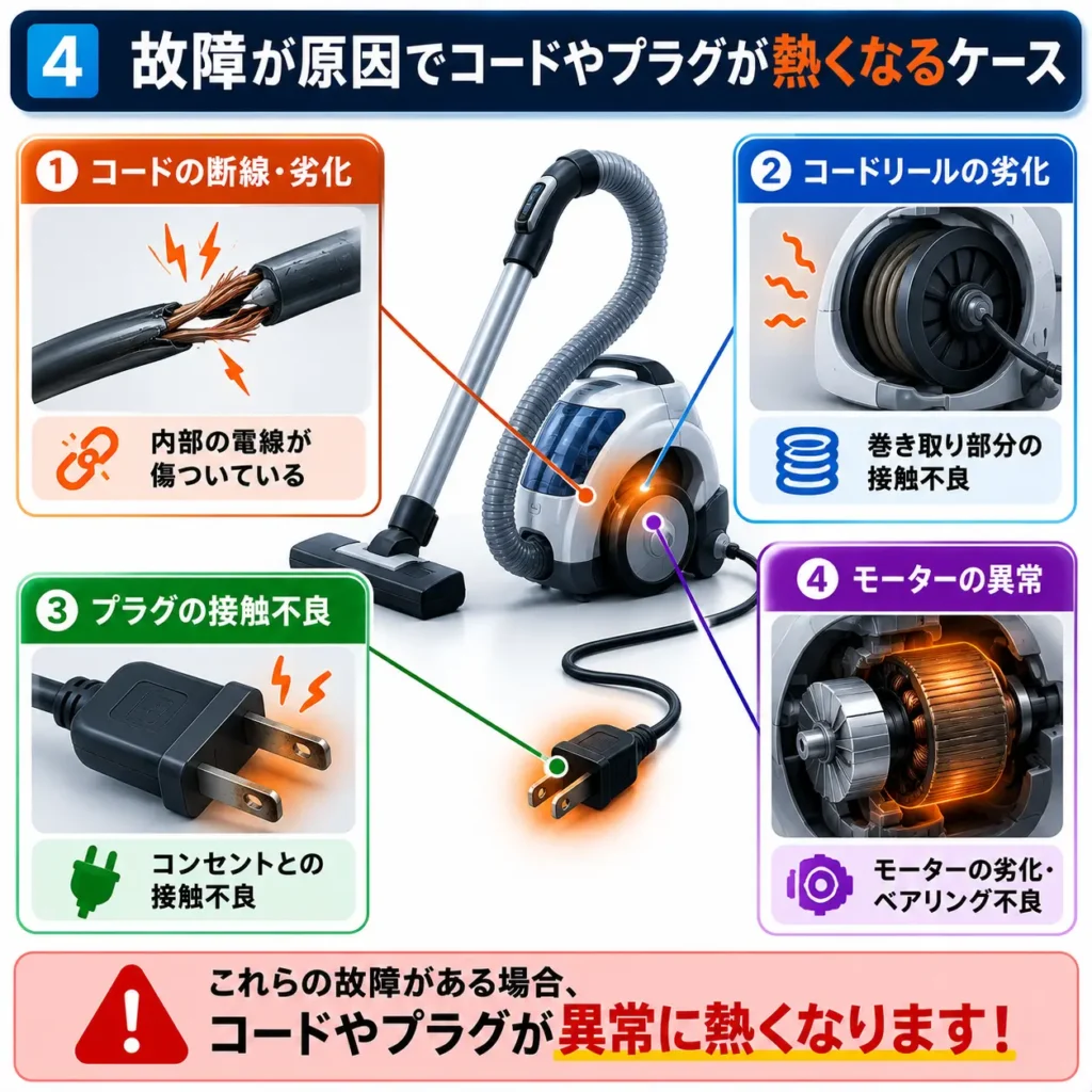 故障が原因でコードやプラグが熱くなるケース