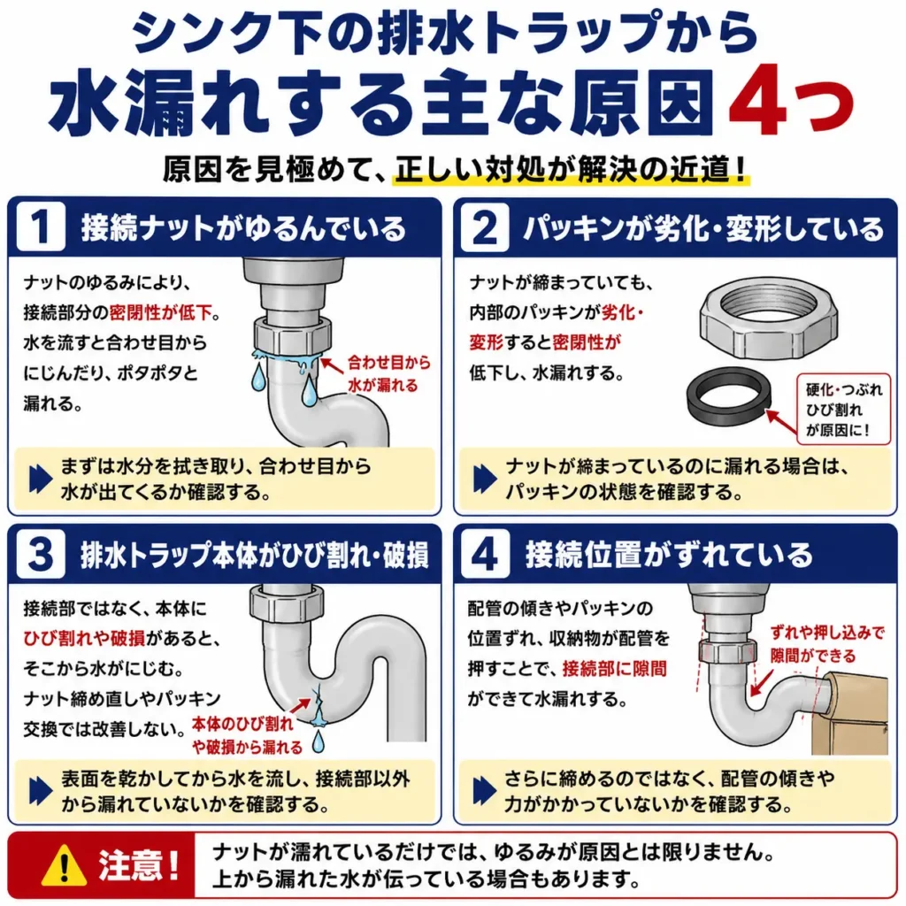 シンク下の排水トラップから水漏れする主な原因4つ