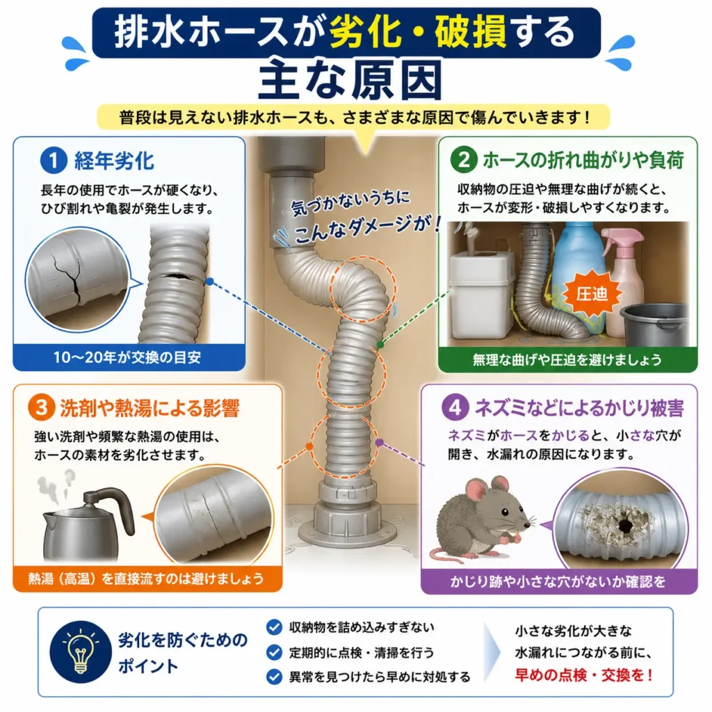 排水ホースが劣化・破損する主な原因