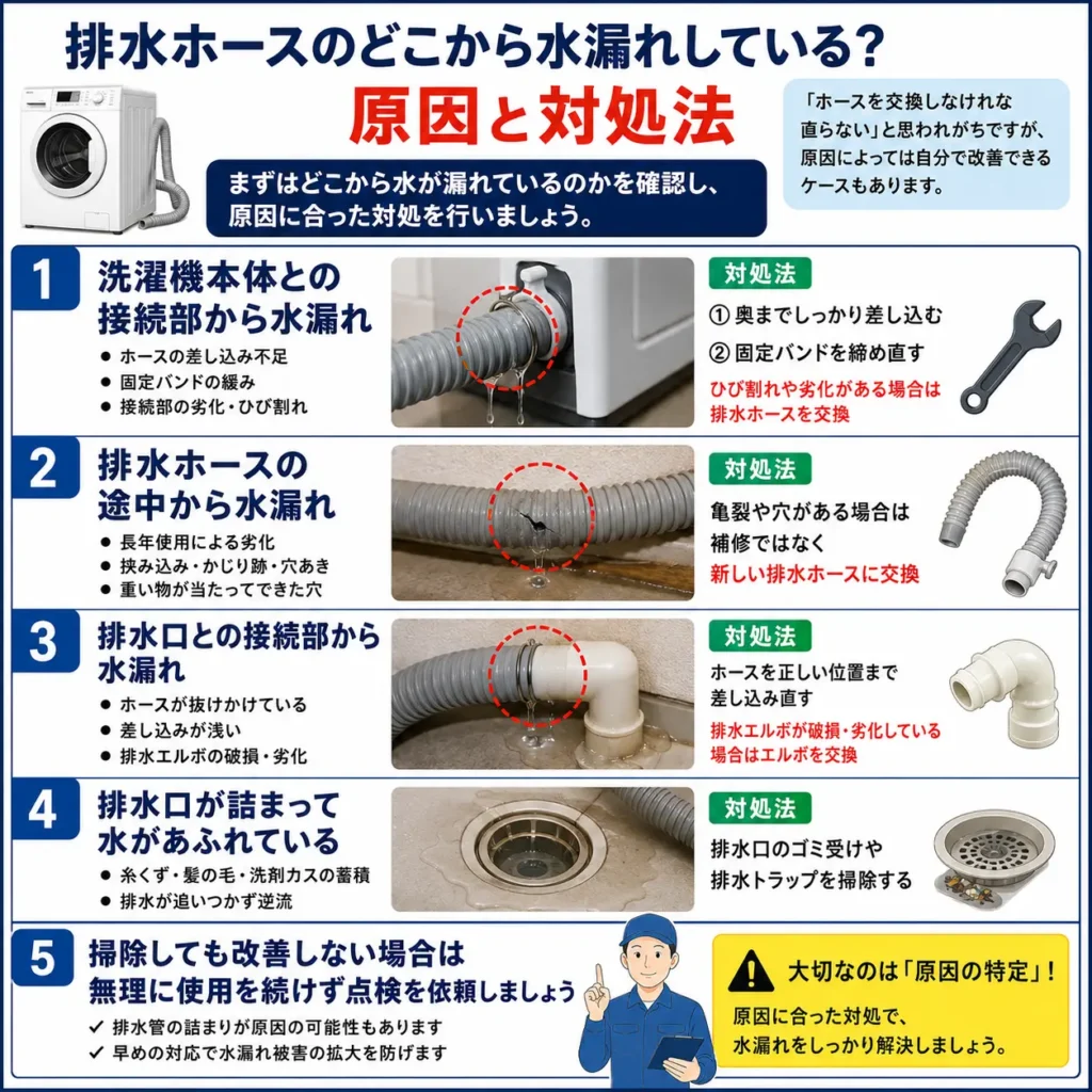 排水ホースのどこから水漏れしている?
