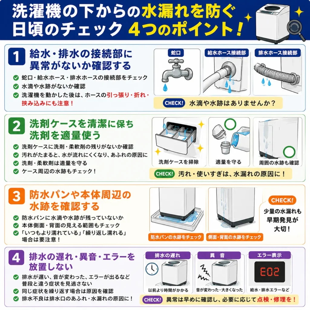 洗濯機の下からの水漏れを防ぐ日頃のチェック４つのポイント