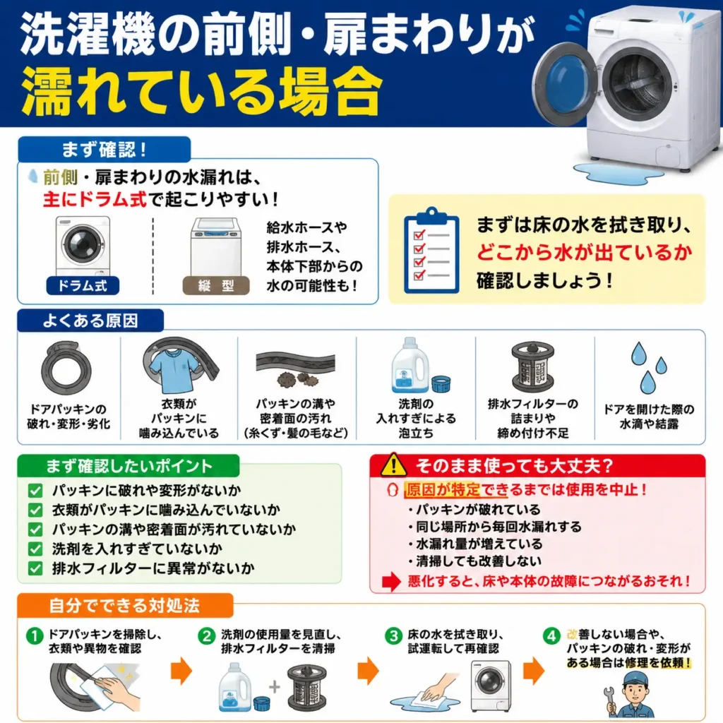 洗濯機の前側・扉まわりが濡れている場合