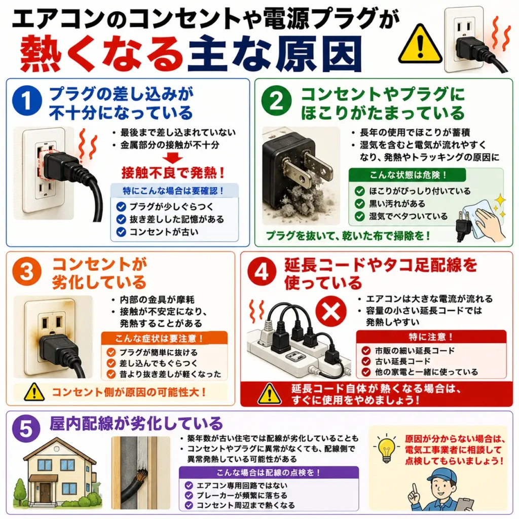 エアコンのコンセントや電源プラグが熱くなる主な原因