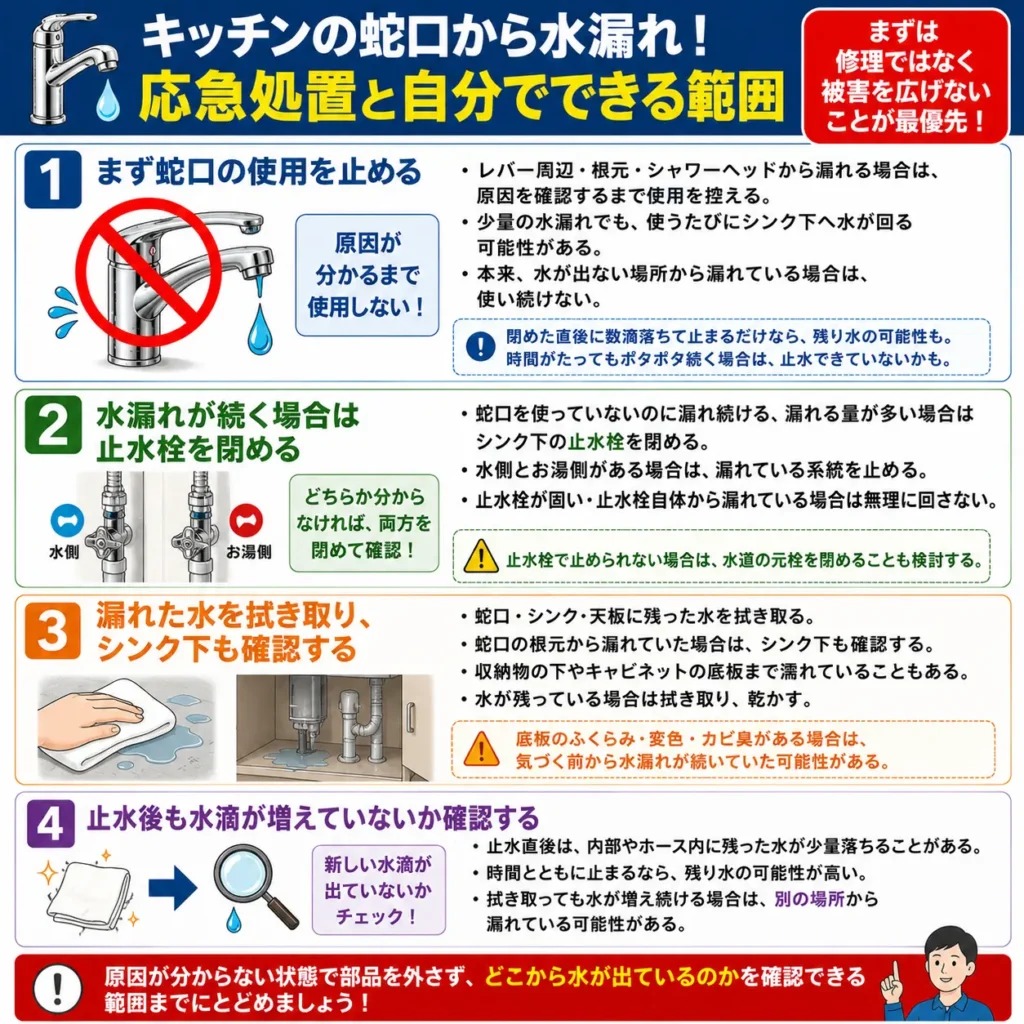 キッチンの蛇口から水漏れ!応急処置と自分でできる範囲