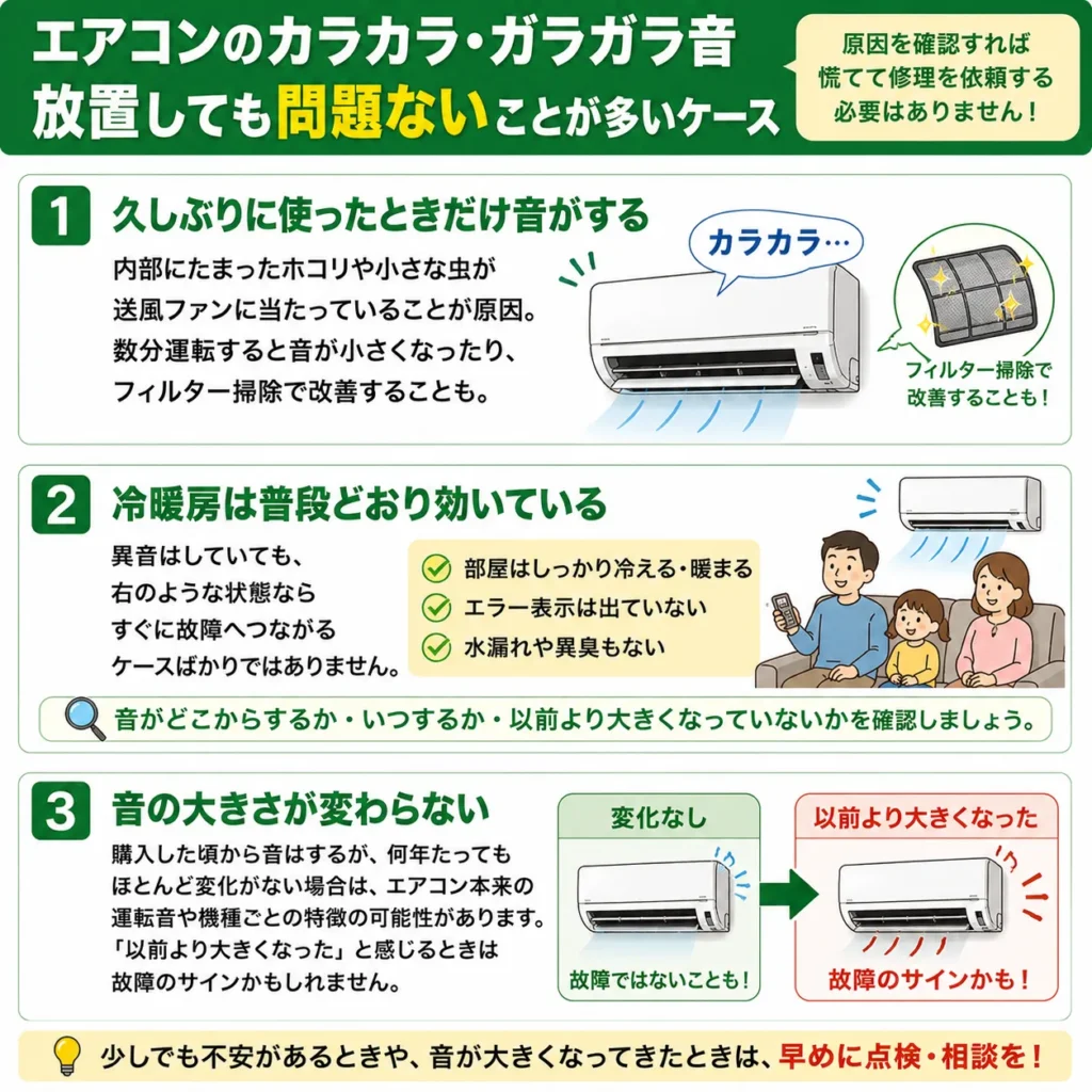 エアコンのカラカラ・ガラガラ音 放置しても問題ないことが多いケース