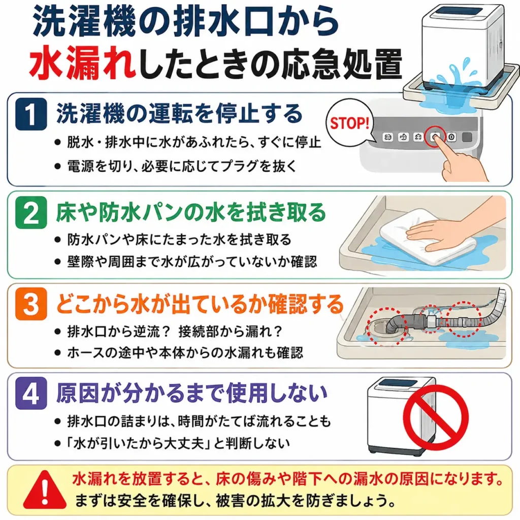 洗濯機の排水口から水漏れしたときの応急処置