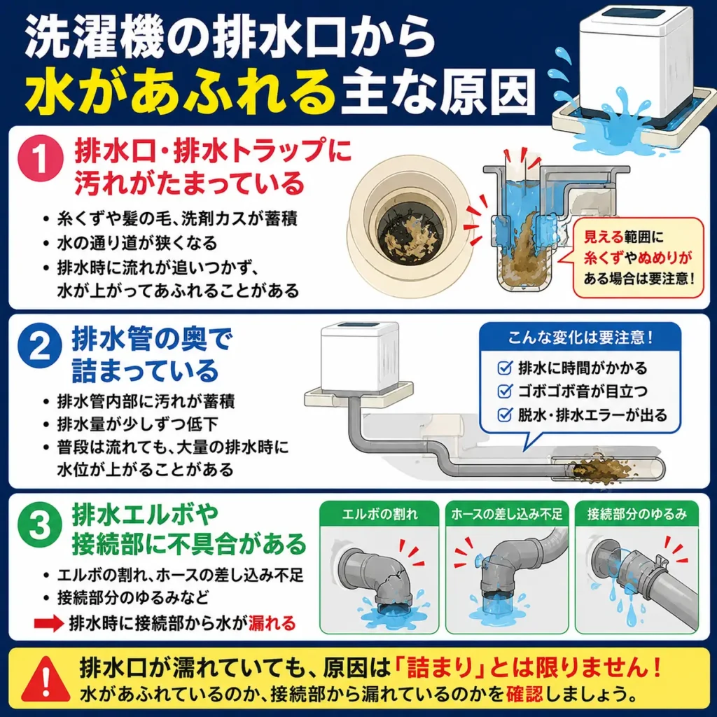 洗濯機の排水口から水があふれる主な原因