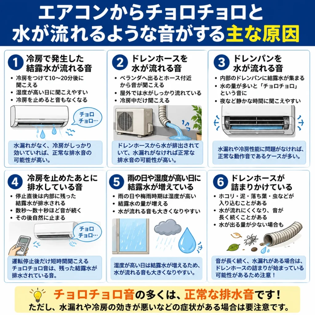 エアコンからチョロチョロと水が流れるような音がする主な原因
