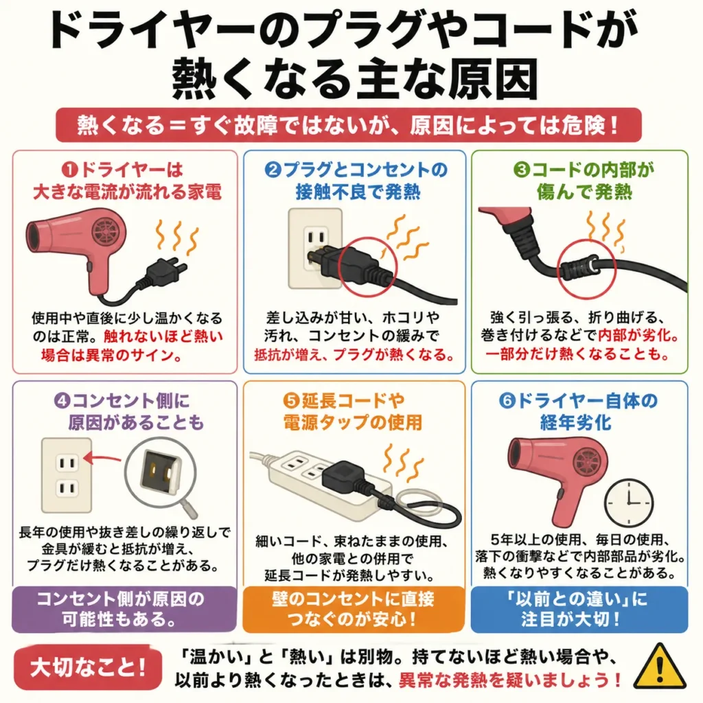ドライヤーのプラグやコードが熱くなる主な原因