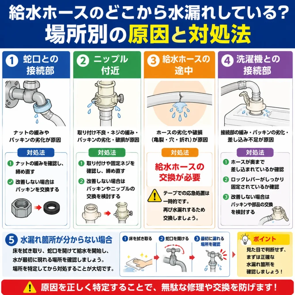 給水ホースのどこから水漏れしている?場所別の原因と対処法