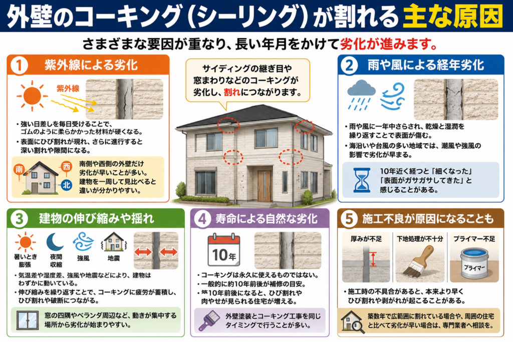 外壁のコーキングが割れる主な原因