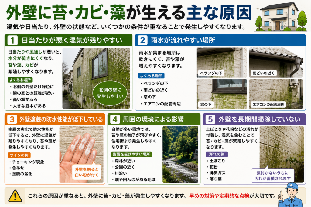 外壁に苔・カビ・藻が生える主な原因