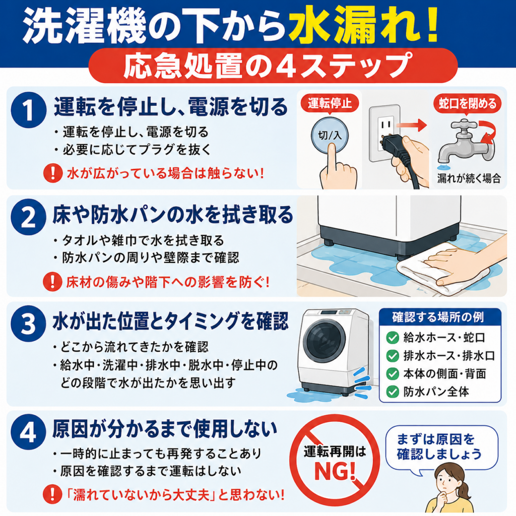 洗濯機の下から水漏れ！応急処置の４ステップ