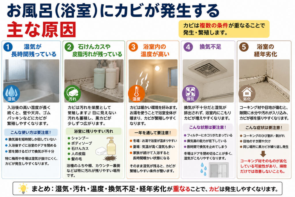 お風呂にカビが発生する主な原因