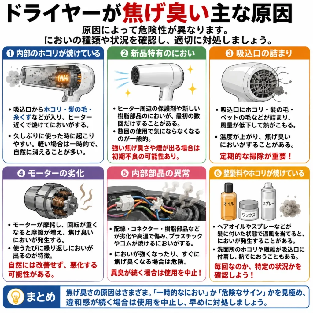 ドライヤーが焦げ臭い主な原因