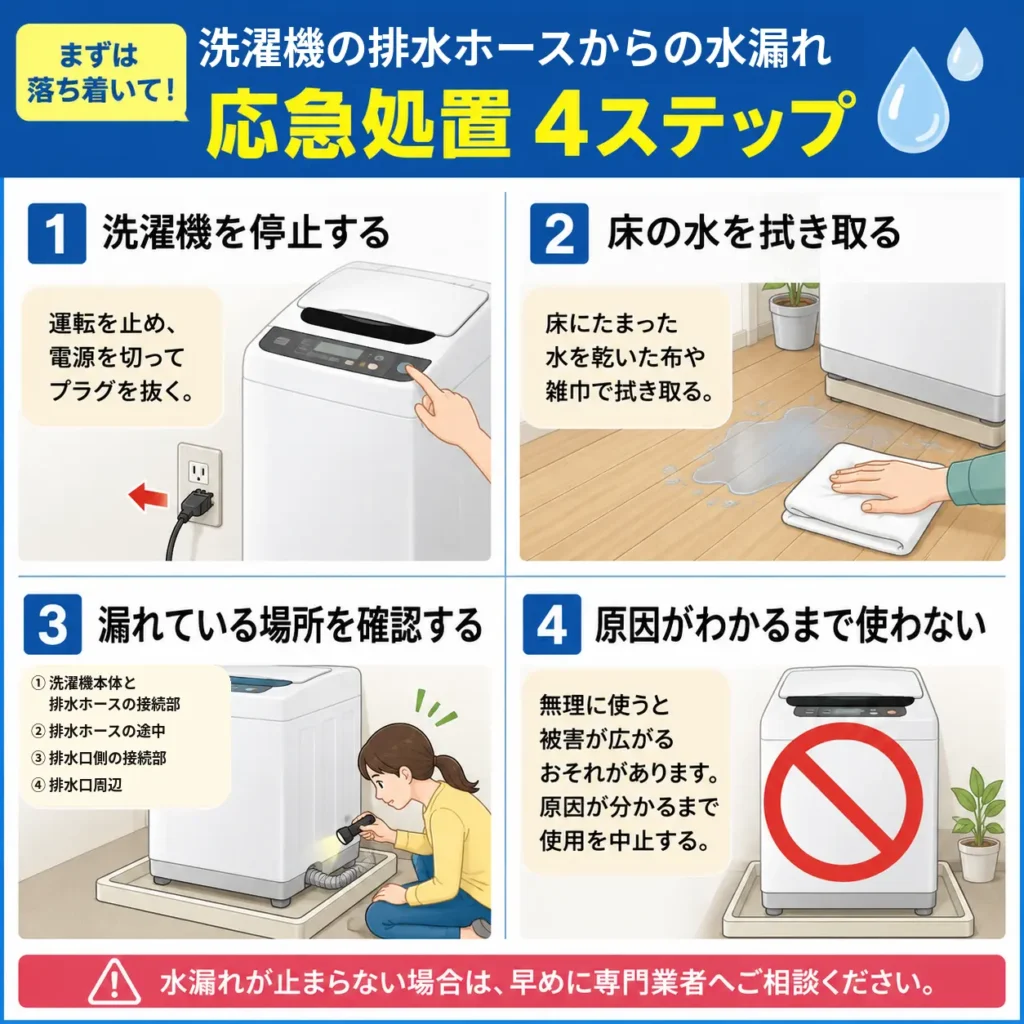洗濯機の排水ホース周辺からの水漏れ 応急処置