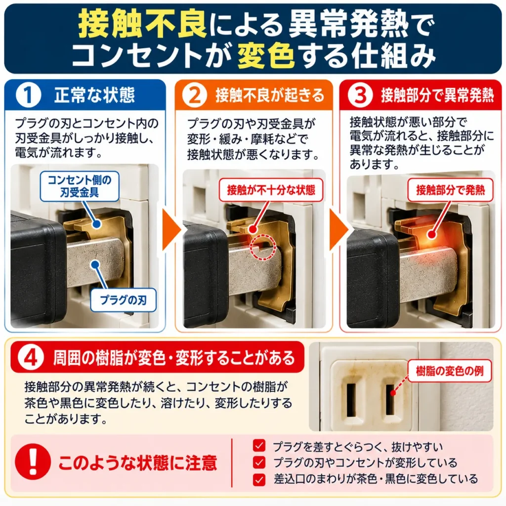 接触不良による異常発熱でコンセントが変色する仕組み