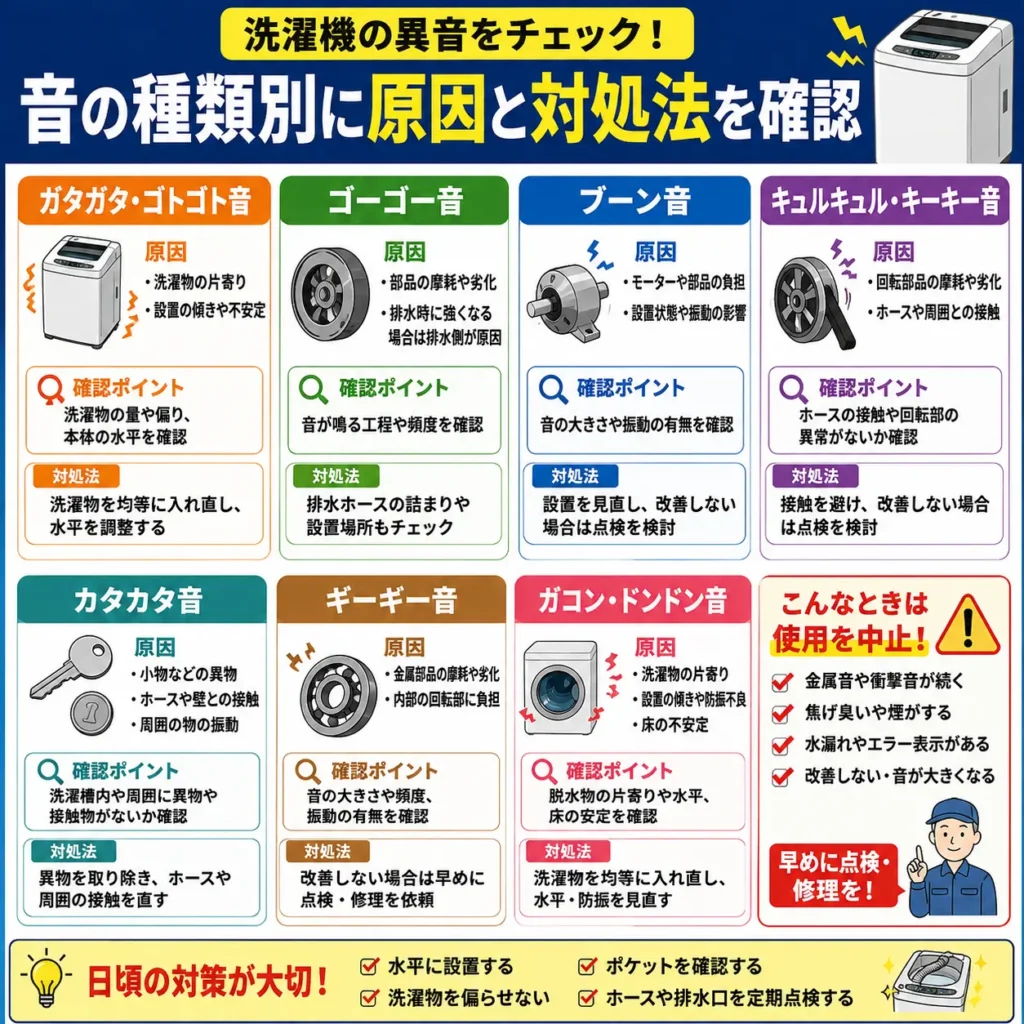 洗濯機の異音をチェック!音の種類別に原因と対処法を確認