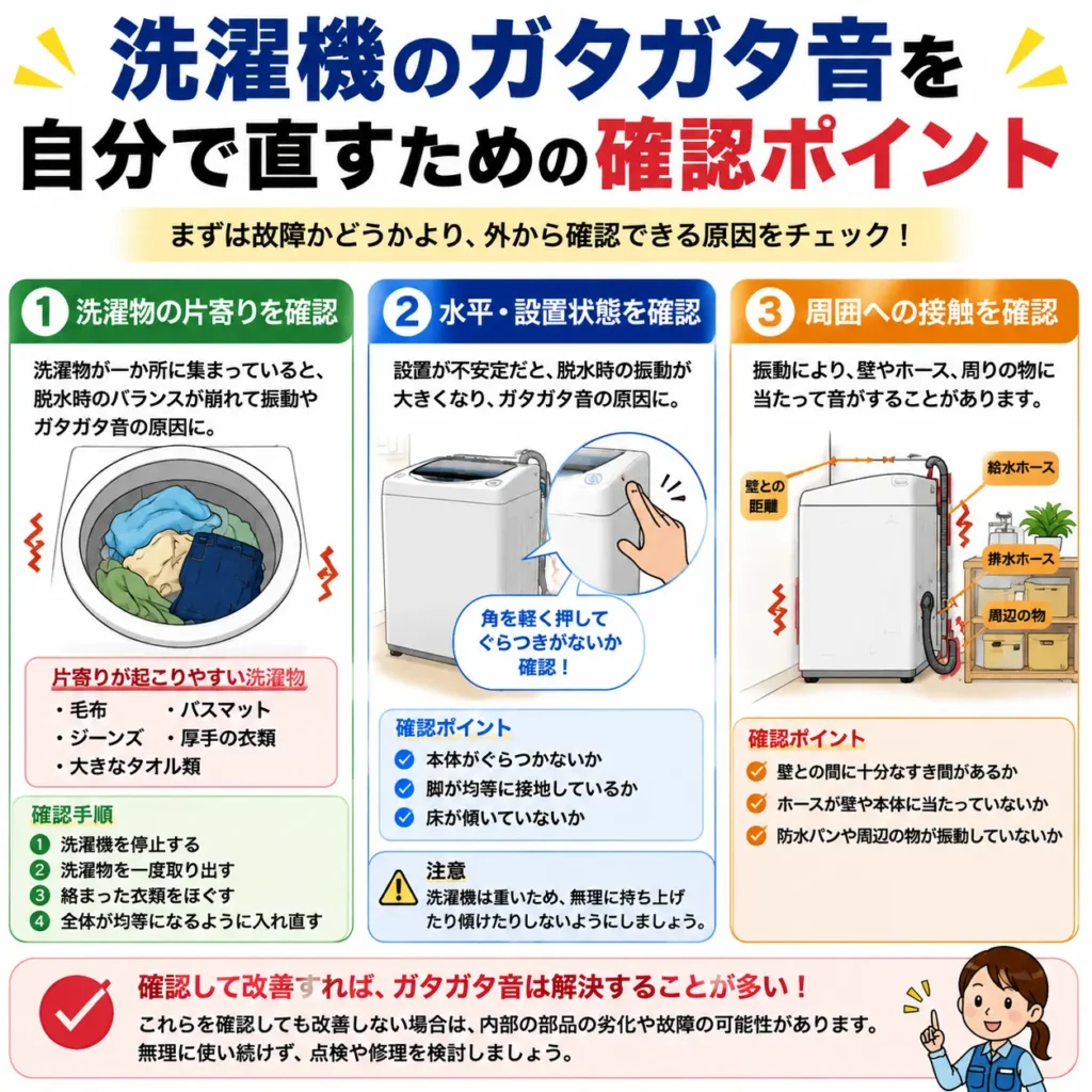 洗濯機のガタガタ音を自分で直すための確認ポイント