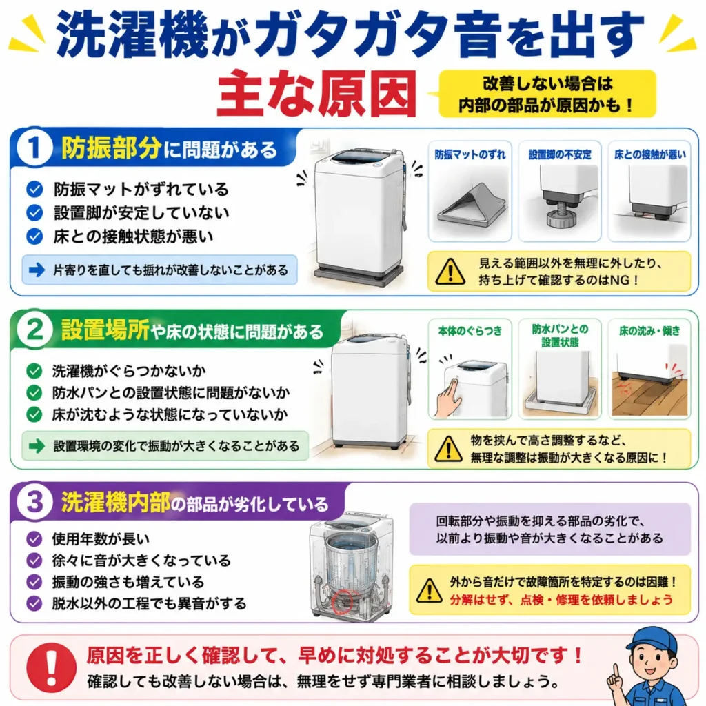 洗濯機がガタガタ音を出す主な原因