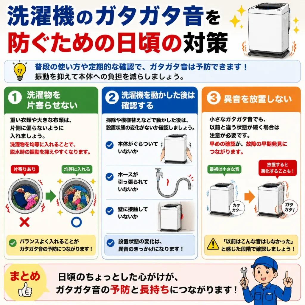 洗濯機のガタガタ音を防ぐための日頃の対策