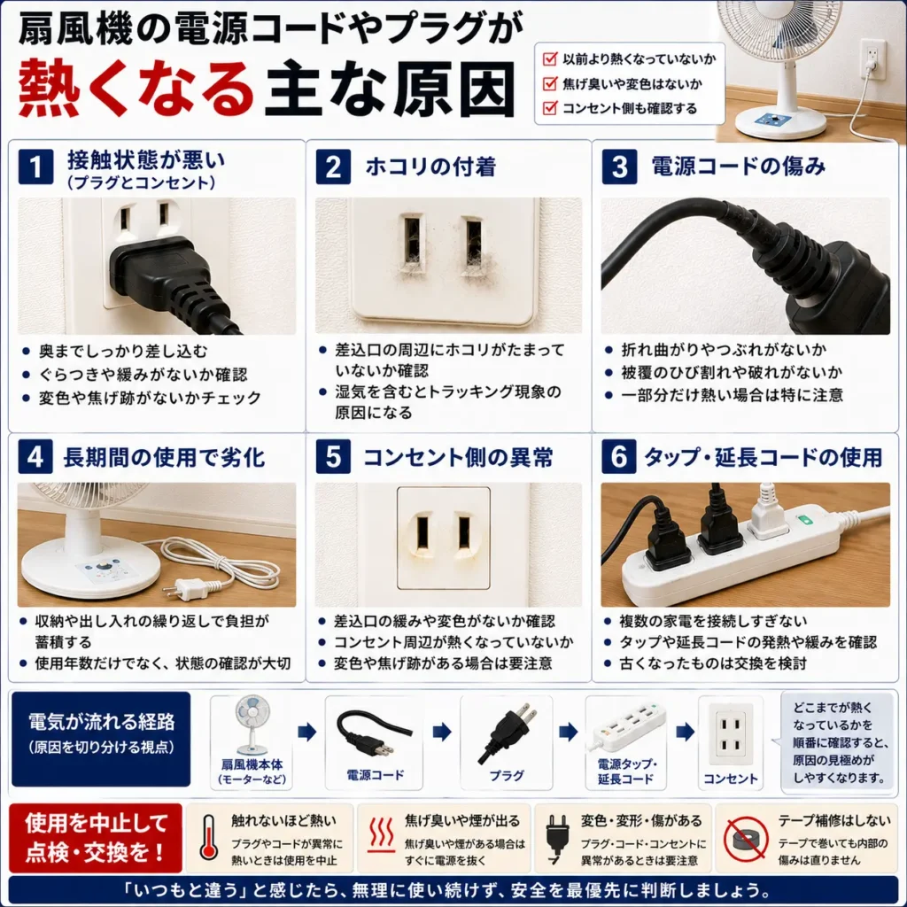 扇風機の電源コードやプラグが熱くなる主な原因