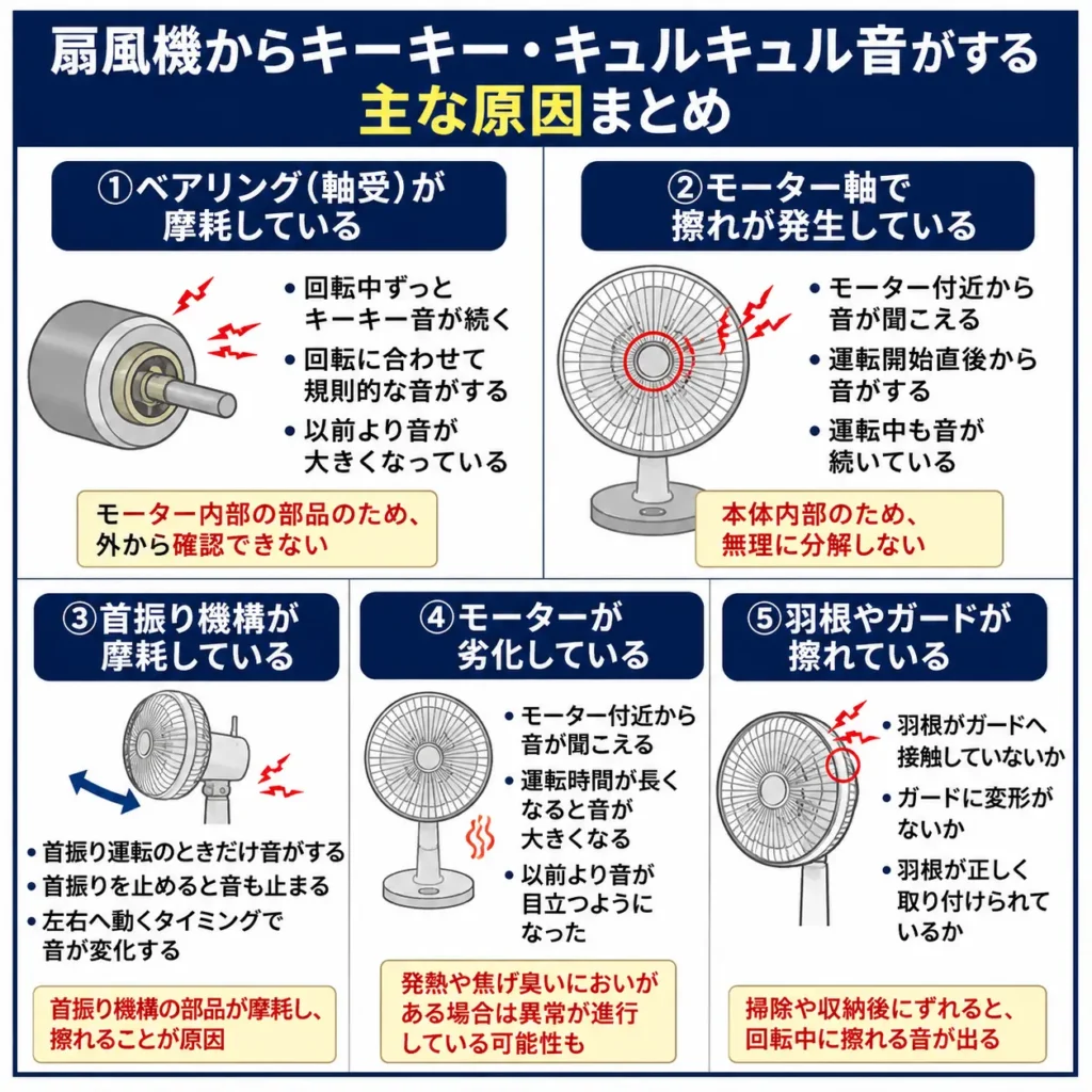 扇風機からキーキー・キュルキュル音がする主な原因