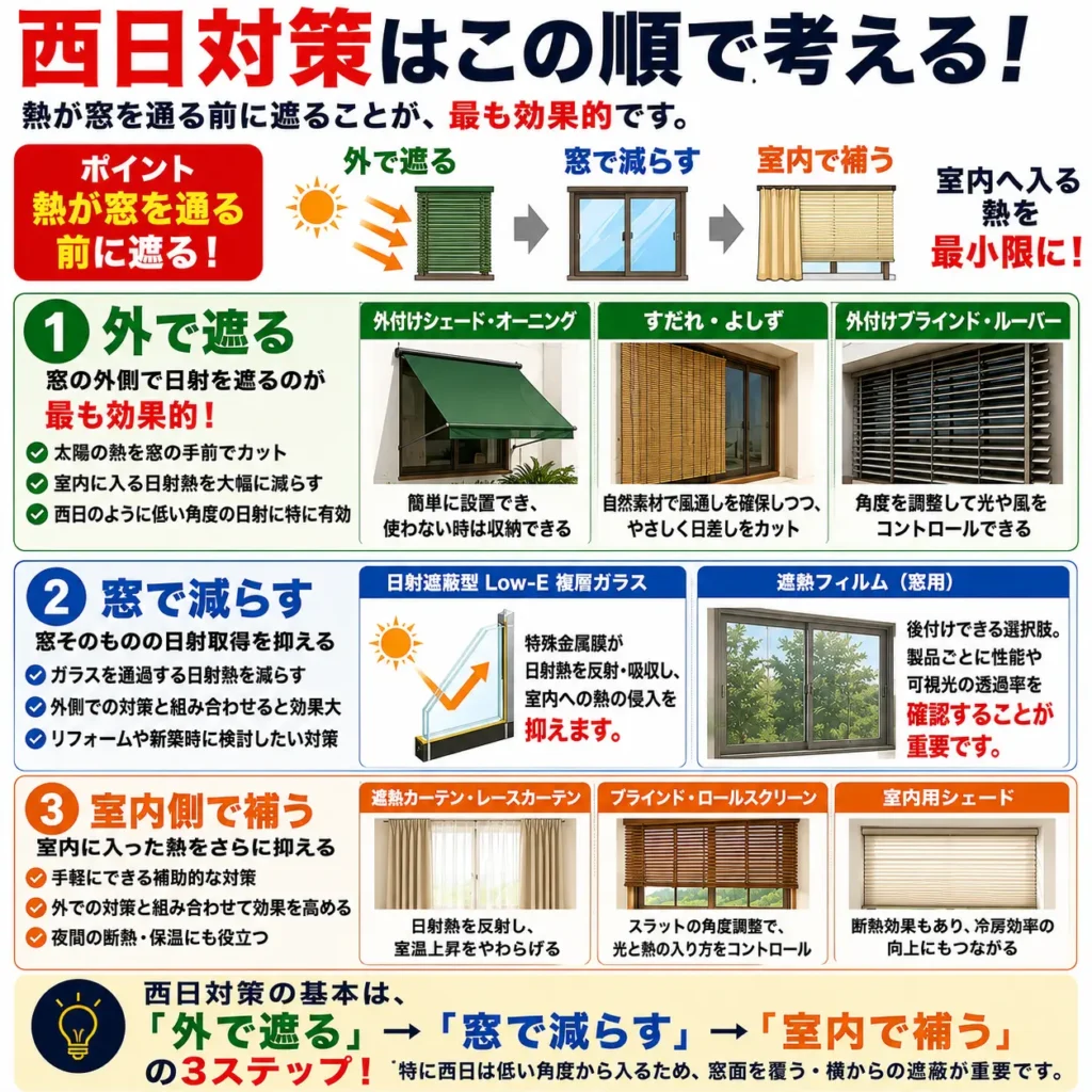 西日対策はこの順で考える!