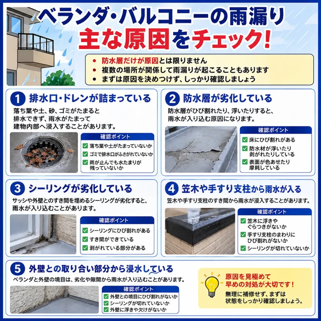 ベランダ・バルコニーの雨漏り主な原因をチェック