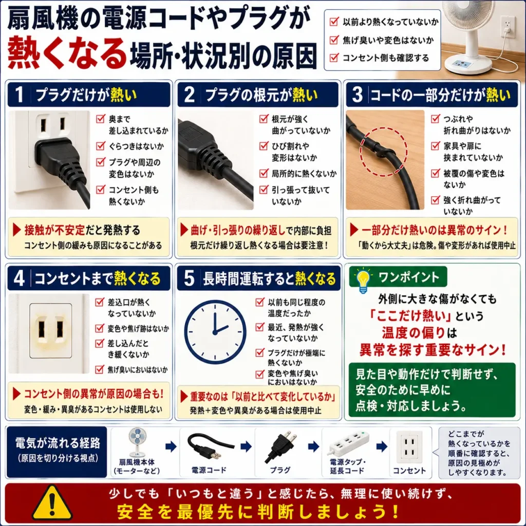 扇風機の電源コードやプラグが熱くなる場所・状況別の原因