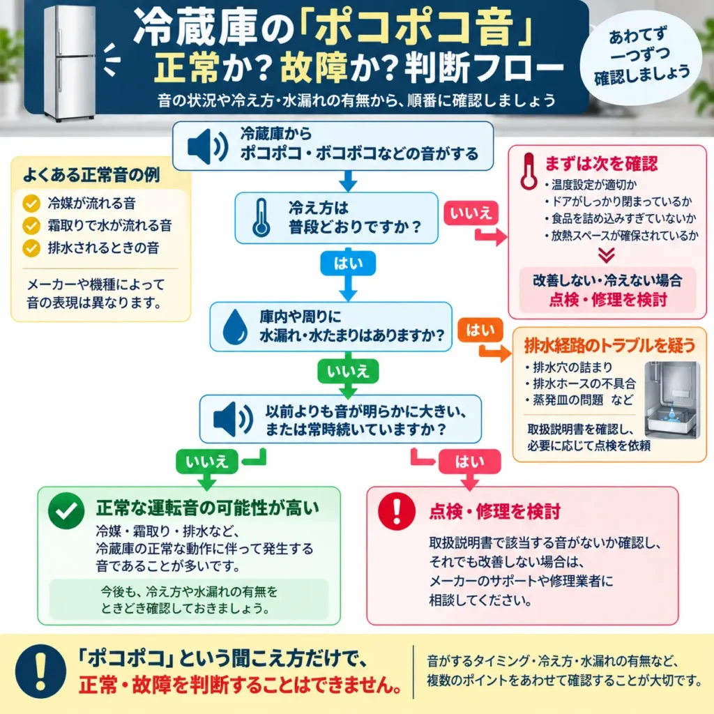 冷蔵庫のポコポコ音 正常か故障か判断フロー