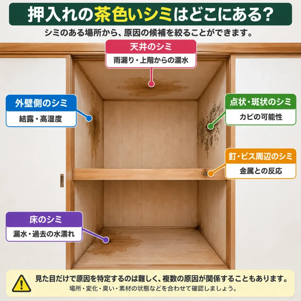 押入れの茶色いシミはどこにある?