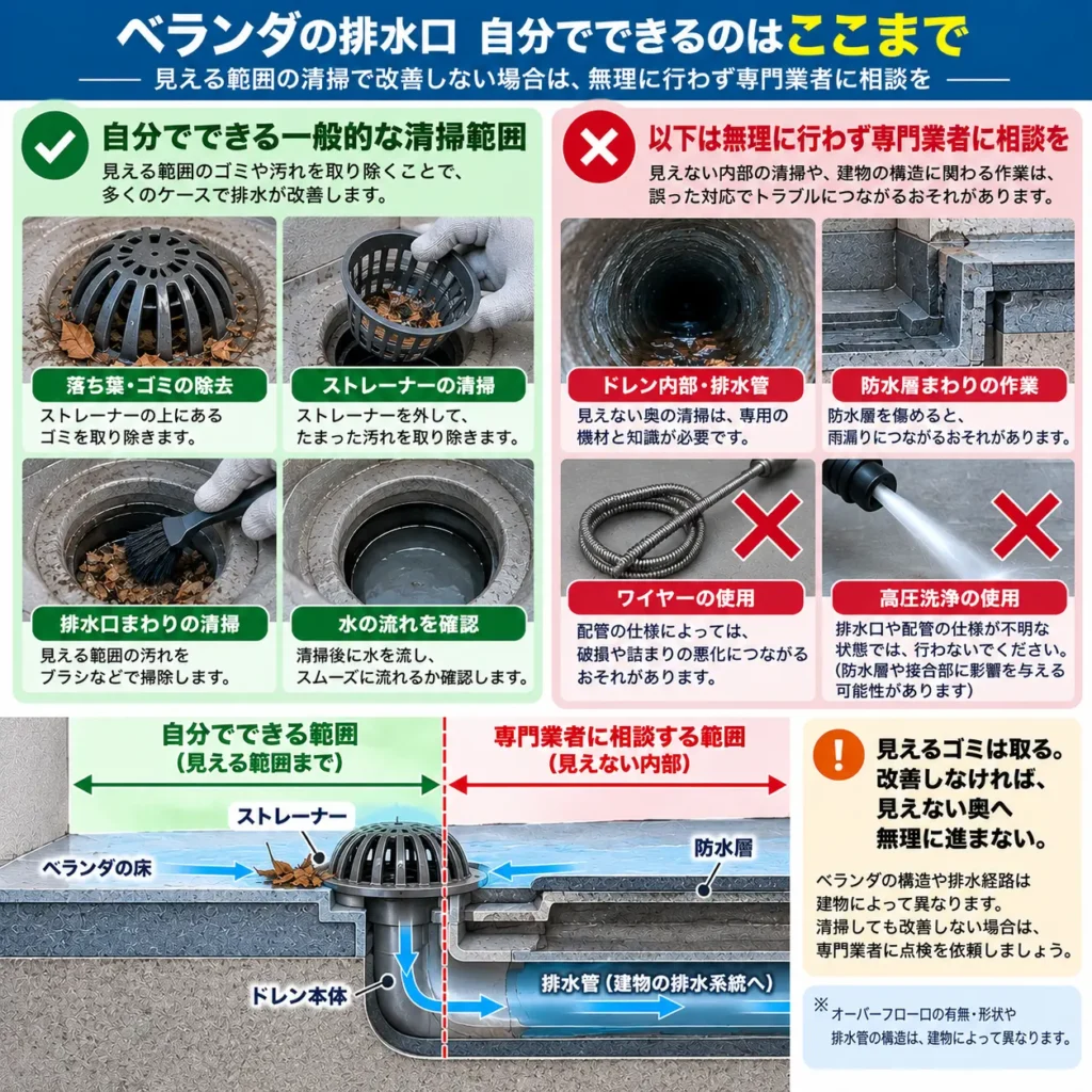 ベランダの排水口 自分でできるのはここまで