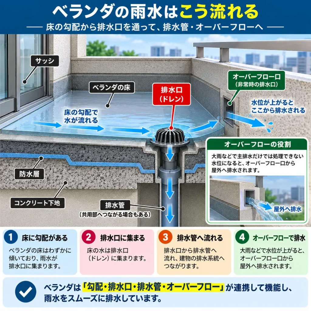 ベランダの雨水はこう流れる