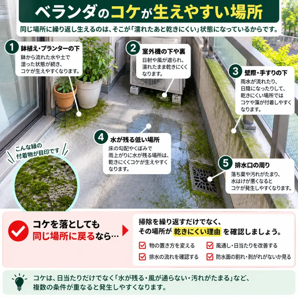 ベランダのコケが生えやすい場所