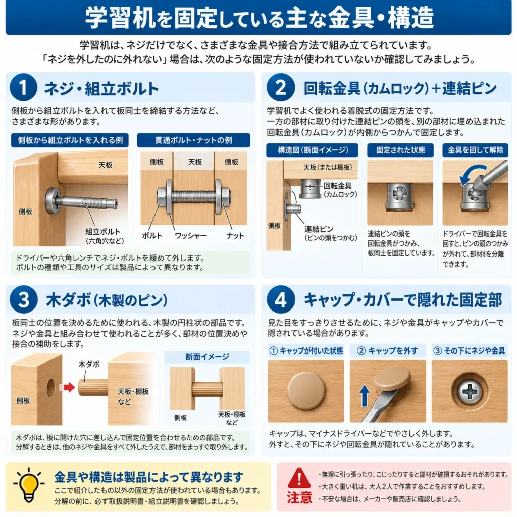 学習机を固定している主な金具・構造