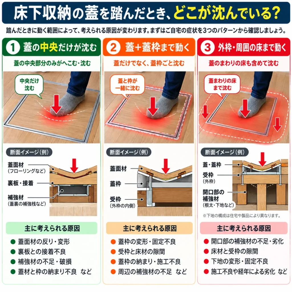 床下収納の蓋を踏んだとき、どこが沈んでいる?