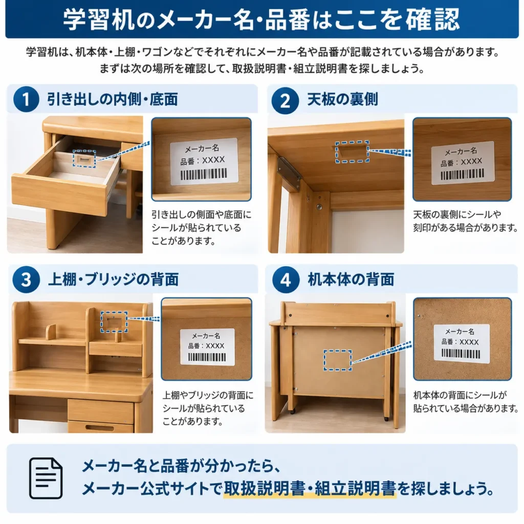 学習机のメーカー名・品番はここを確認