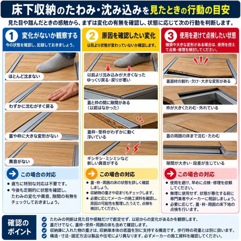 床下収納のたわみ・沈み込みを見た時の行動の目安
